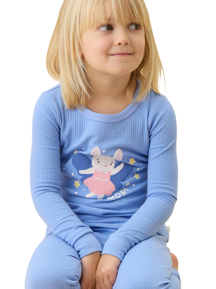 MORI Kids' Ribbed Fairy Long Sleeve Pyjama Set, Bunny & Blue - view 2, Bunny & Blue