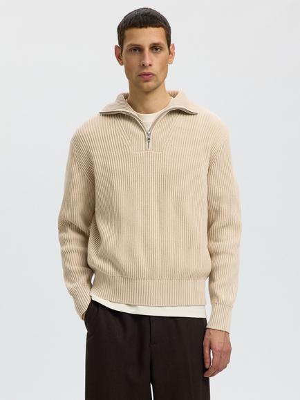Selected Knitted Half Zip Jumper, Oatmeal, Oatmeal