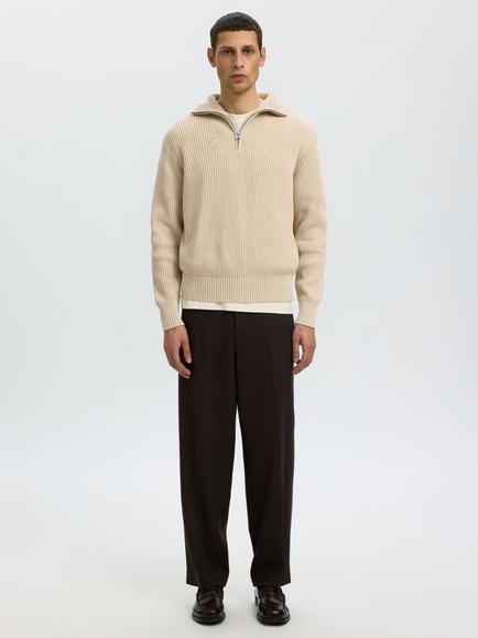 Selected Knitted Half Zip Jumper, Oatmeal - view 2, Oatmeal