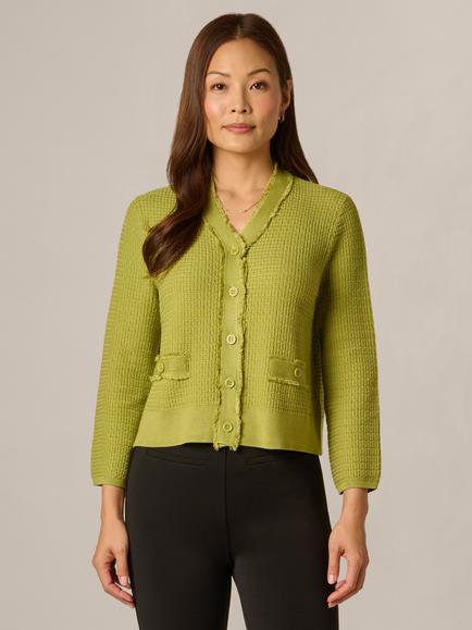 Adrianna Papell V-Neck Fringed Cardigan, Apple Green, Apple Green