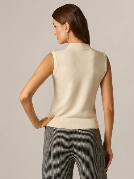 Adrianna Papell Floral Embroidered Sleeveless Polo Sweater, Cream/Black - view 2, Cream/Black