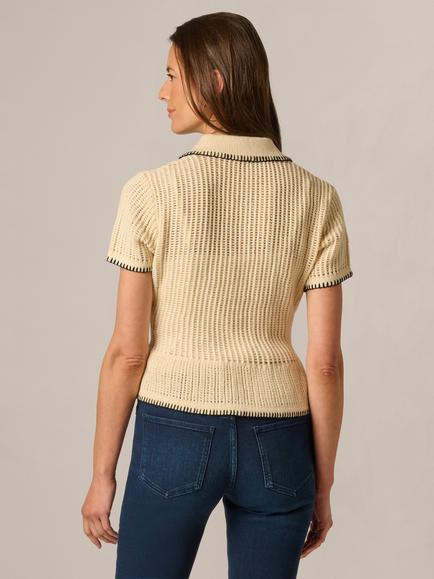 Adrianna Papell Flounce Polo Sweater, Cream/Black - view 2, Cream/Black