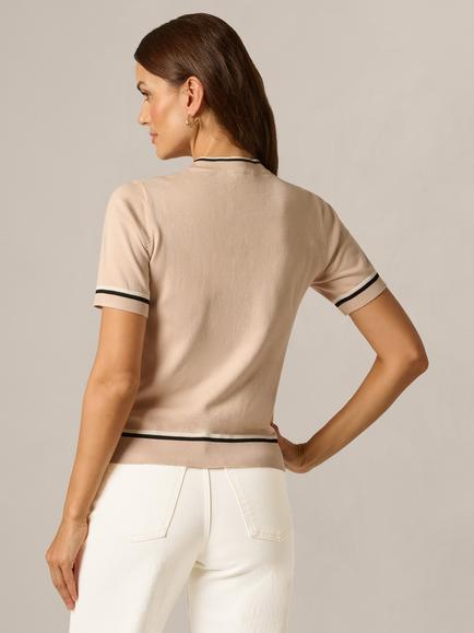 Adrianna Papell Tie Neck Tipped Short Sleeve Jumper, Blush/Black/Ivory - view 2, Blush/Black/Ivory
