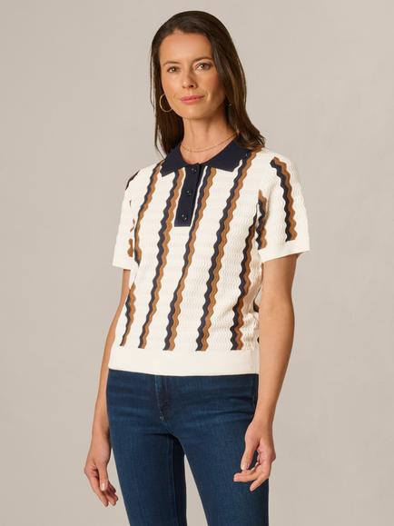 Adrianna Papell Wavy Pointelle Knit Top, Ivory/Navy/Camel, Ivory/Navy/Camel
