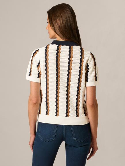 Adrianna Papell Wavy Pointelle Knit Top, Ivory/Navy/Camel - view 2, Ivory/Navy/Camel