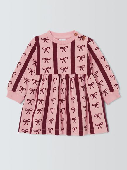 John Lewis Baby Stripe Bow Sweater Dress, Pink/Berry, Pink/Berry