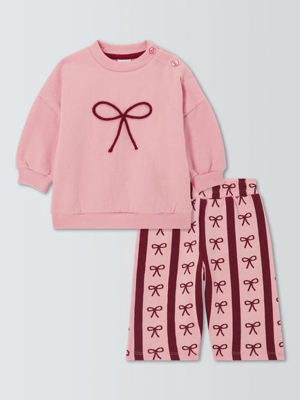 John Lewis Baby Stripe Bow Sweater & Trousers Set, Pink/Berry, Pink/Berry