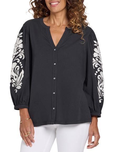 NYDJ Embroidered Sleeve Knit Shirt, Black, Black