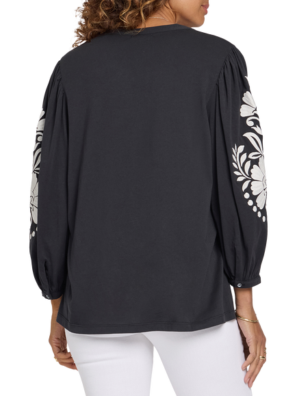 NYDJ Embroidered Sleeve Knit Shirt, Black - view 2, Black