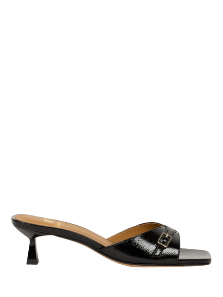 Bobbies June Crumpled Patent Leather Flared Heel Sandals, Vinyl Black, Vinyl Black