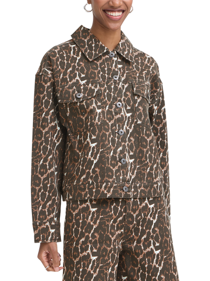 ICHI Ihbrokes Leopard Print Denim Jacket, Brown, Brown