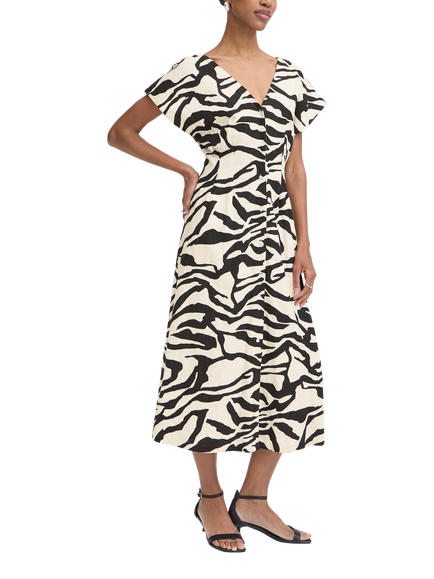 ICHI Ihlinno Zebra Print Linen Blend Midi Dress, White/Multi, White/Multi