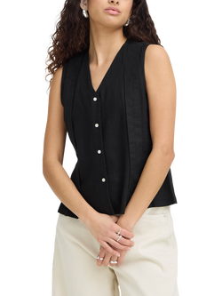 ICHI Ihlinno Linen Blend V-Neck Sleeveless Blouse, Black, Black
