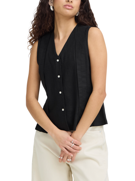 ICHI Ihlinno Linen Blend V-Neck Sleeveless Blouse, Black, Black