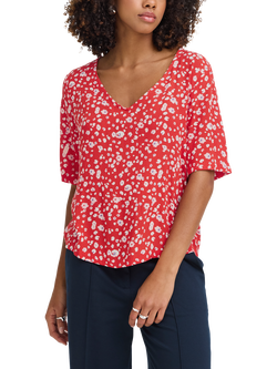 ICHI Ihmarrakech Floral Print V-Neck Top, Fiery Red, Fiery Red