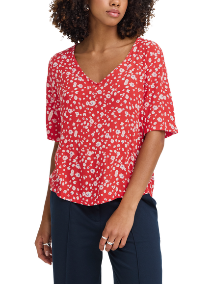 ICHI Ihmarrakech Floral Print V-Neck Top, Fiery Red, Fiery Red
