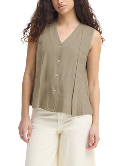 ICHI Ihlinno Linen Blend V-Neck Sleeveless Blouse, Timber Wolf, Timber Wolf