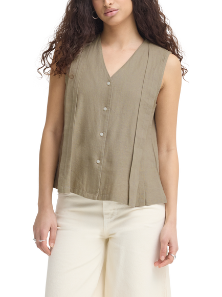 ICHI Ihlinno Linen Blend V-Neck Sleeveless Blouse, Timber Wolf, Timber Wolf
