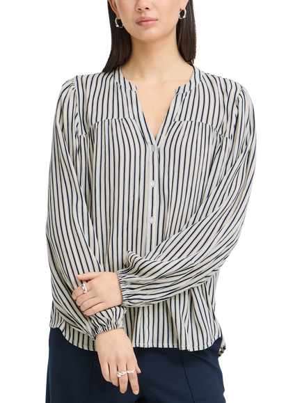 ICHI Marrakech Stripe Balloon Sleeve Blouse, Total Eclipse/Multi, Total Eclipse/Multi