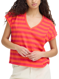ICHI Juniper V-Neck Striped T-Shirt, Mandarin Red/Azalea, Mandarin Red/Azalea