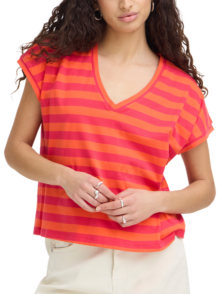 ICHI Juniper V-Neck Striped T-Shirt, Mandarin Red/Azalea, Mandarin Red/Azalea