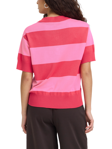 ICHI Luls Striped Polo Shirt, Pink Stripe - view 2, Wide Azalea Pink Str