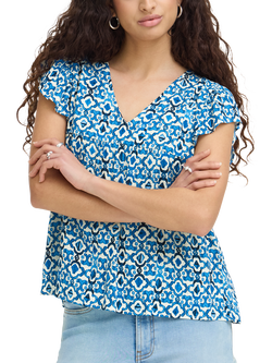 ICHI IhMarrakech Ikat Print V-Neck Blouse, Blue, Blue