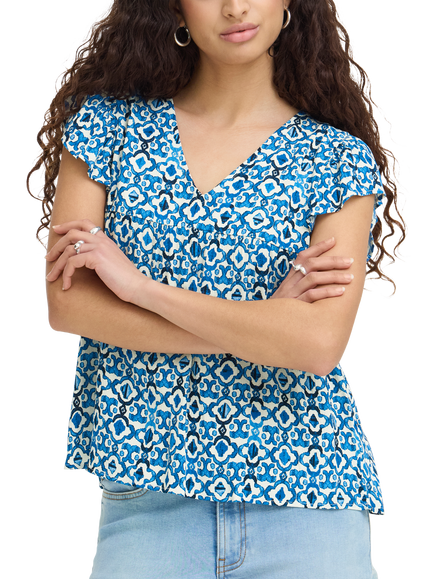 ICHI IhMarrakech Ikat Print V-Neck Blouse, Blue, Blue