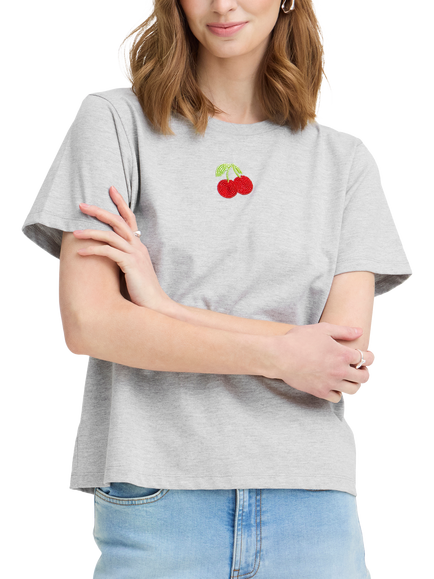 ICHI Ihnynna Embellished Cherry Motif T-Shirt, Alloy Melange, Alloy Melange