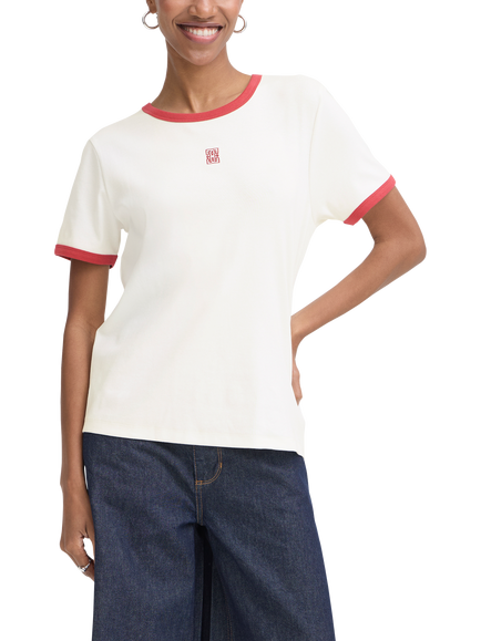 ICHI Ihosla Logo Contrast Trim T-Shirt, Cloud Dancer/Garnet, Cloud Dancer/Garnet