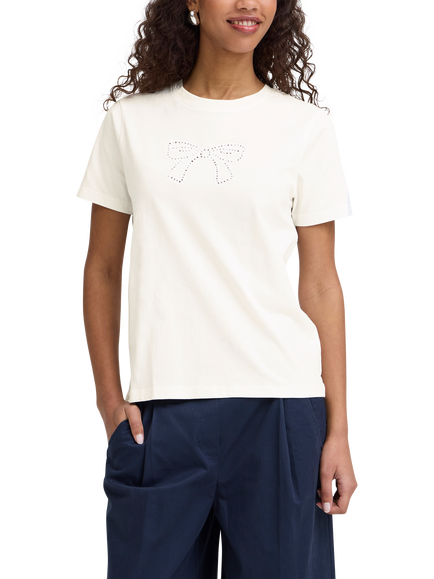 ICHI Ihpendo Embellished Bow T-Shirt, Cloud Dancer, Cloud Dancer