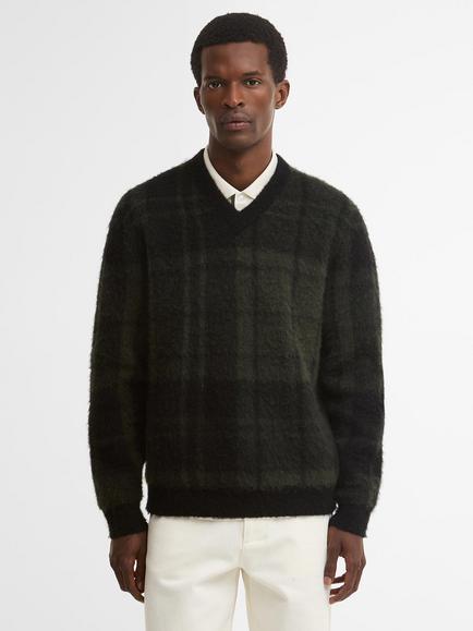 Barbour Hunham Tartan V-Neck Wool Blend Jumper, Black, Black