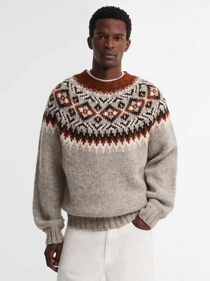 Barbour Fair Isle Wool Crew Neck Jumper, Grey Marl, Grey Marl