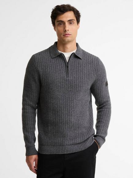 Barbour International Oxham Long Sleeve Wool Cotton Blend Polo Shirt, Asphalt, Asphalt