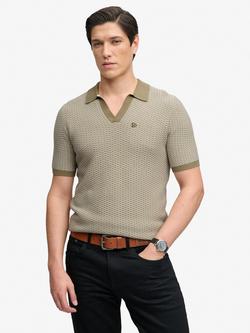 Superdry Knitted Polo Shirt, Artichoke/Cream, Artichoke/Cream