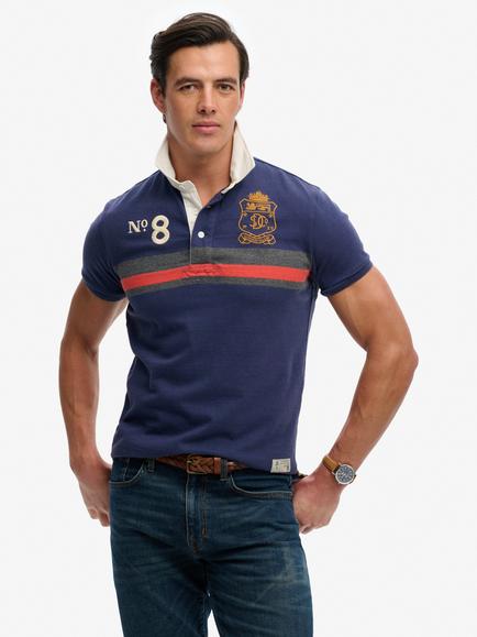 Superdry Double Emblem Rugby Polo Top, Navy/Orange, Navy/Orange
