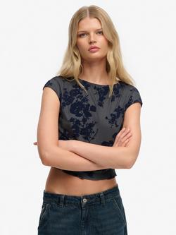 Superdry Flocked Mesh Short Sleeve Top, Midnight Blue, Midnight Blue