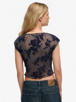 Superdry Flocked Mesh Short Sleeve Top, Midnight Blue - view 2, Midnight Blue
