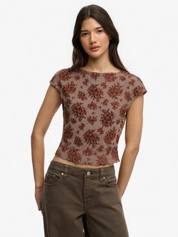 Superdry Flocked Mesh Short Sleeve Top, Sparrow Brown, Sparrow Brown