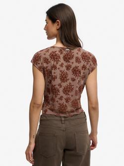 Superdry Flocked Mesh Short Sleeve Top, Sparrow Brown - view 2, Sparrow Brown