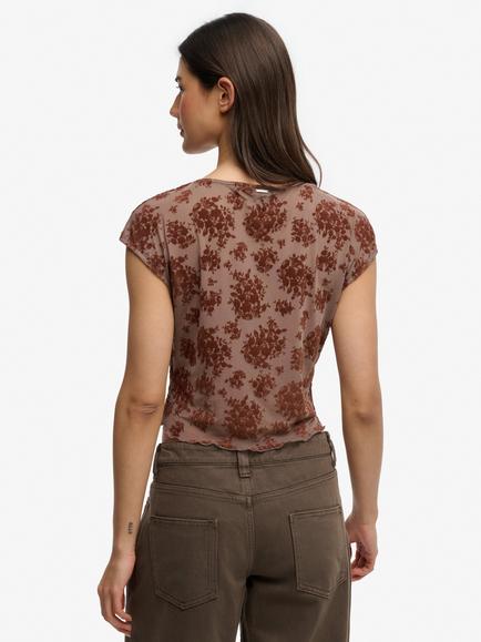 Superdry Flocked Mesh Short Sleeve Top, Sparrow Brown - view 2, Sparrow Brown