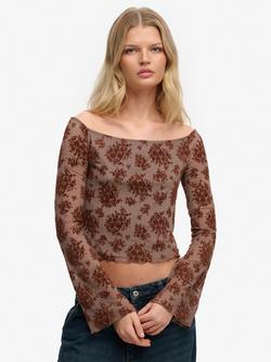 Superdry Flocked Mesh Long Sleeve Top, Sparrow Brown, Sparrow Brown