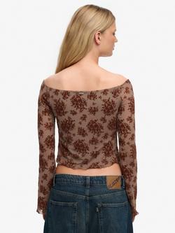 Superdry Flocked Mesh Long Sleeve Top, Sparrow Brown - view 2, Sparrow Brown
