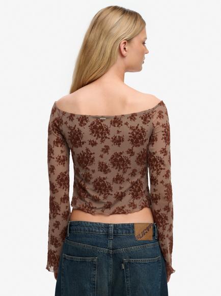 Superdry Flocked Mesh Long Sleeve Top, Sparrow Brown - view 2, Sparrow Brown