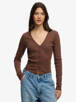 Superdry Athletic Essential Pointelle Cardigan, Chestnut Brown