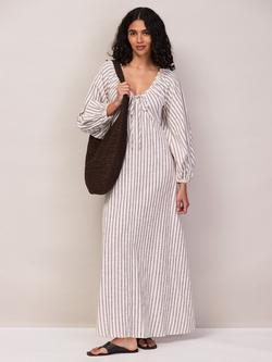 Ro&Zo Petite Pure Cotton Striped Tie Front Maxi Dress, Brown, Brown