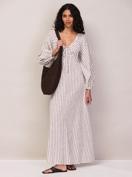 Ro&Zo Petite Pure Cotton Striped Tie Front Maxi Dress, Brown, Brown