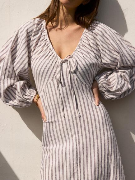 Ro&Zo Petite Pure Cotton Striped Tie Front Maxi Dress, Brown - view 2, Brown