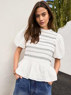 Ro&Zo Puff Sleeve Shirred Bodice Peplum Top, White, White