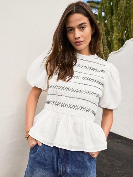 Ro&Zo Puff Sleeve Shirred Bodice Peplum Top, White, White